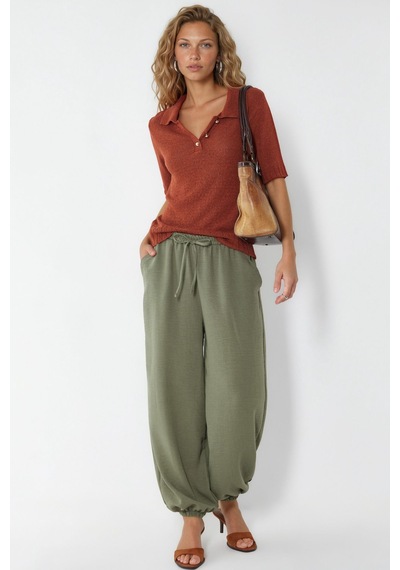 Hiccup Busem Kadın Dokulu Polyester Jogger Pantolon Haki