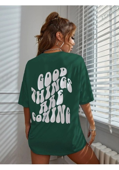Good Things T-shirt - Yeşil Baskılı Oversize Bisiklet Yaka Kısa Kol Tişört Yeşil