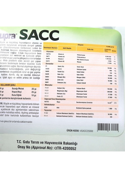 Vetasupra Sacc Vitamin Ve Mineral Takviyeli Canlı Maya Alaşımlı Yem Katkı Maddesi - 10 Kg Kraft Paket