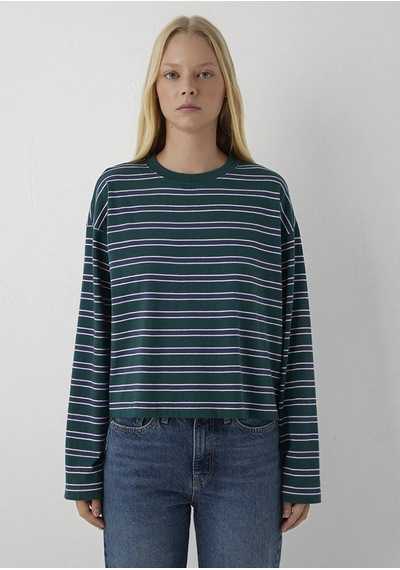 Mavi Uzun Kollu Basıc Tişört Sea Moss Stripe Yeşil