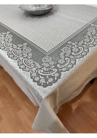 Çini Desenli Dertsiz Leke Tutmaz Dantelli Masa Örtüsü Gümüş