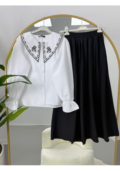 Lovie Moda Nakışlı Bebe Yaka Bluz Jakar Etekli Takım Beyaz