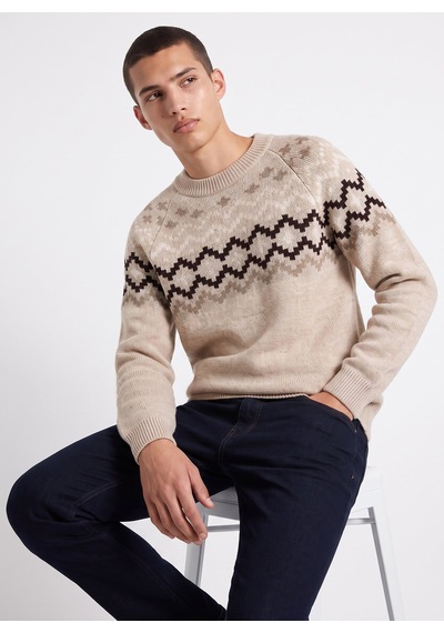 Jeep J6wm-kzk7870 Bej Erkek Bisiklet Yaka Jakarlı Relaxed Fit Kazak