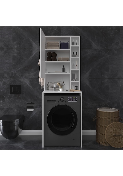 Asra Trend Çamaşır Makinesi Üstü Banyo Dolabı BD-02 %100 MDF Kapaklı Organizer Raf Beyaz