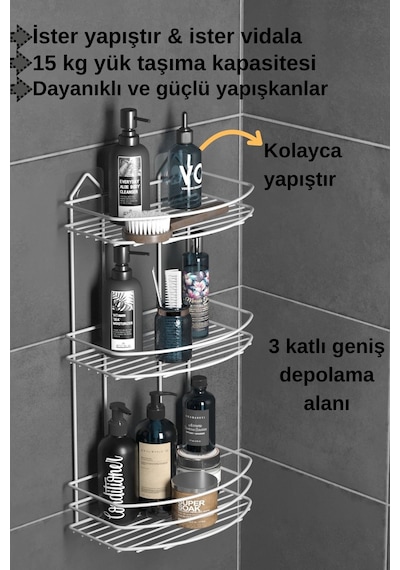 Teknotel Banyo Düzenleyici Şampuanlık Sabunluk 3 Katlı Yapışkanlı Banyo Duş Rafı Beyaz St009 Beyaz