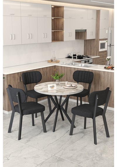 Gnr 90cm Sabit Efes Mutfak Masası Takımı, Yemek Masası, 4 Modern Siyah Sandalye Siyah