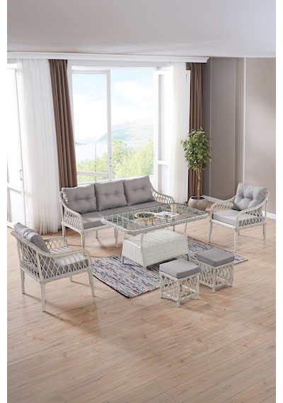 Joy Rattan Puflu Bahçe Balkon Takımı 3+1+1+ Camlı Masa Kemik Rengi Kemik Joy Rattan Puflu Bahçe Balkon Takımı 3+1+1+ Camlı Masa Kemik Rengi Kemik