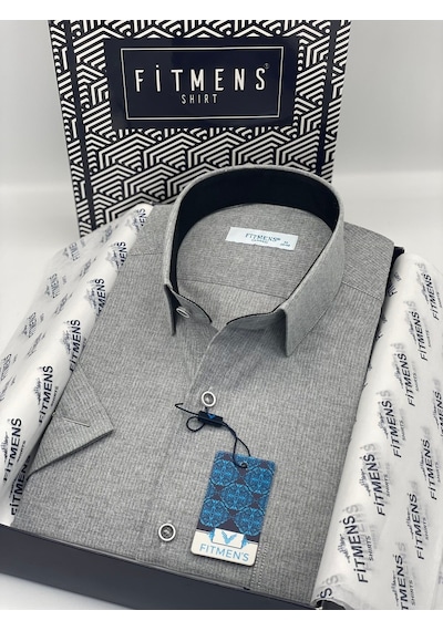 Klasik Kısa Kol Keten Cotton Hediye Kutulu Erkek Gömlek Fs-003624 - Koyu Gri-2419