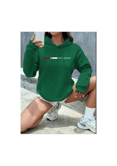 Medinenur Los Angeles Desenli Kapüşonlu Cepli Sweatshirt Yeşil