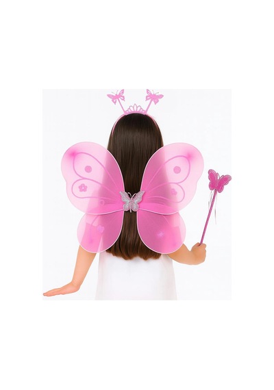 Pembe Kelebek Kız Seti 50 Cm Kelebek Kanadı, Taç Ve Asa "