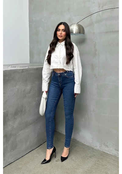 Kadın Orta Mavi Yüksek Bel Skinny Jean Pantolon Dar Paça Esnek Denim Kot 26