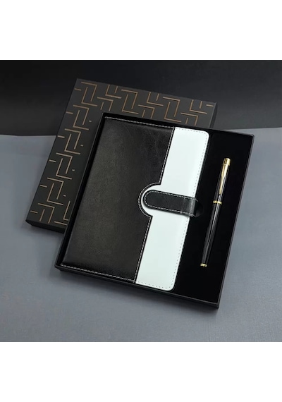 Siyah Beyaz Renkli Tarihsiz Ajanda Defter Metal Roller Kalem Seti