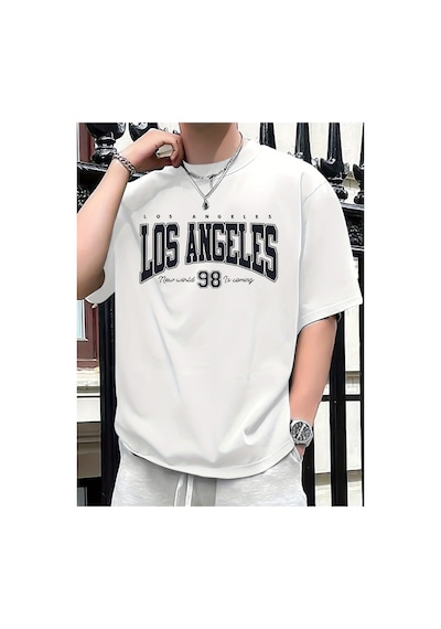 Caddemia Yaz Moda Rahat Gevşek Artı Boyutu Los Angeles 98 Baskılı Spor Yuvarlak Boyun Beyaz 2XL Caddemia Yaz Moda Rahat Gevşek Artı Boyutu Los Angeles 98 Baskılı Spor Yuvarlak Boyun Beyaz 2XL