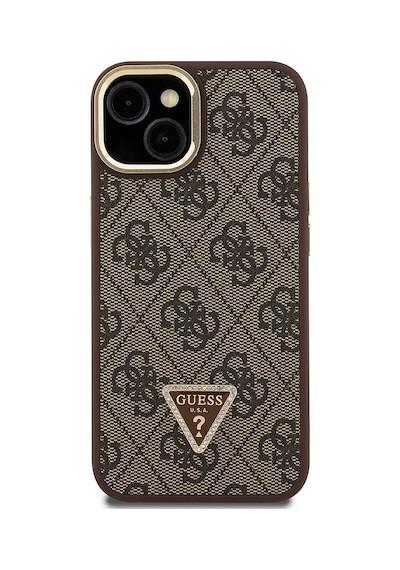 Apple iPhone 15 Uyumlu Kılıf Guess Lisanslı Üçgen Logo 4g Desenli Kamera Standlı Kapak Kahverengi