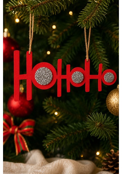 Ho Ho Ho Yılbaşı Süsü Kırmızı Keçe, Gümüş Taşlı, Asma İpli Kırmızı