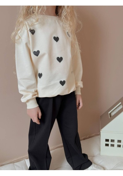 Miniko Kids Kız Çocuk Kalp Modelli Geniş Paça Pamuk Takım Siyah