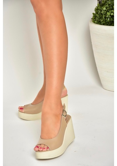 Fox Shoes U555225003 Bej Hakiki Deri Dolgu Topuklu Kadın Ayakkabı Bej-hakiki Deri