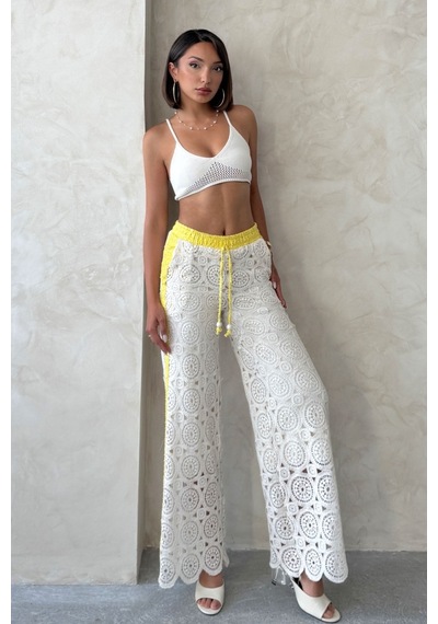 Verymoda Kot Detaylı Dantel Pantolon F1759 Sarı