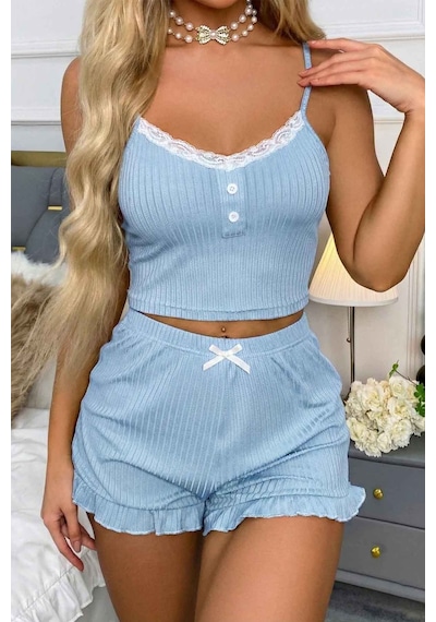 Merry See Dantelli Askılı Crop Üst Ve Fırfır Paça Mini Şortlu Pijama Takım Mavi
