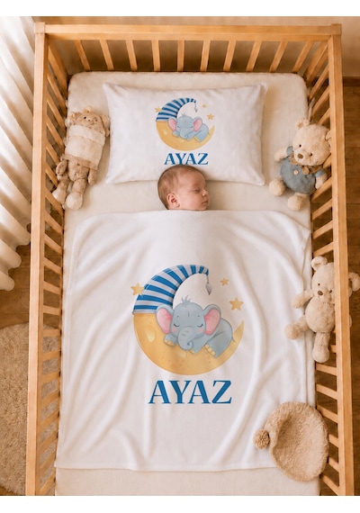 İsme Özel Erkek Bebek Battaniye Ve Yastık Kılıfı %100 Pamuk Organik Baskılı İsimli Bebek Seti Erkek Bebek Hediyesi 2019ybg Krem