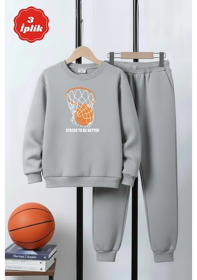 Fyk Kids 3 İplik Kalın Yuvarlak Yaka Basketbol Potası Baskı Detaylı Kışlık Erkek Çocuk Eşofman Takımı Gri