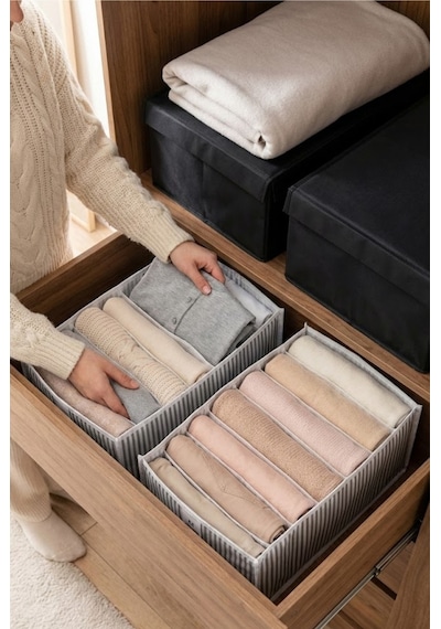 2'li Akordiyon Gri Çizgili Kumaş Çekmece İçi Düzenleyici Organizer 24x37x18 Cm Polyester 35 X 15 Gri Diğer