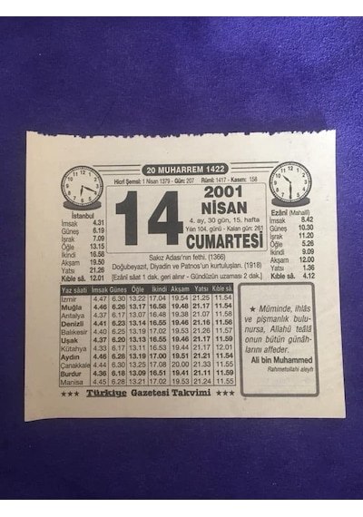 14 Nisan 2001 Takvim Yaprağı - Nostalji Koleksiyonluk Takvim Yaprağı B