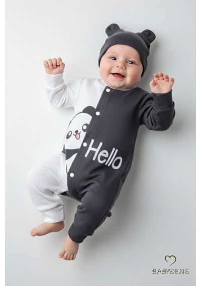 Babyden's Panda Baskılı Bebek Tulum & Şapka Seti,unisex Çıtçıtlı Uzun Kollu Yenidoğan Tulumu ,%100pamuk Antrasit - Beyaz