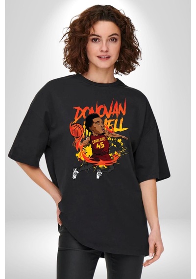 Donovan Mitchell Basketbol Karikatür Pamuklu Bisiklet Yaka Unisex Oversize Boyfriend Dijital Baskılı Siyah T-shirt Siyah