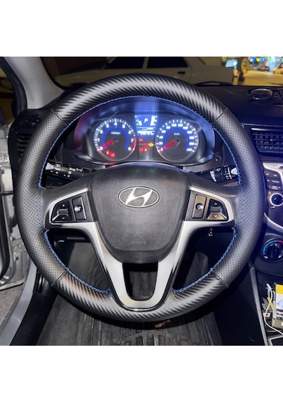 Dikişli Direksiyon Kılıfı Karbon Deri Noktalı Deri Mavi Dikişli Hyundai Accent Blue İçin Mavi