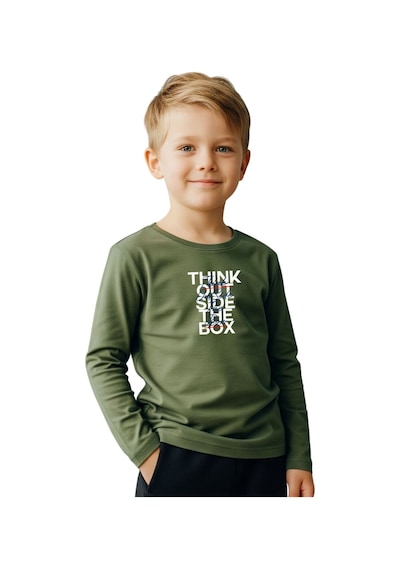 Panios Kids Düz Yuvarlak Yaka Think Out Baskı Detaylı Erkek Çocuk Sweatshirt Haki