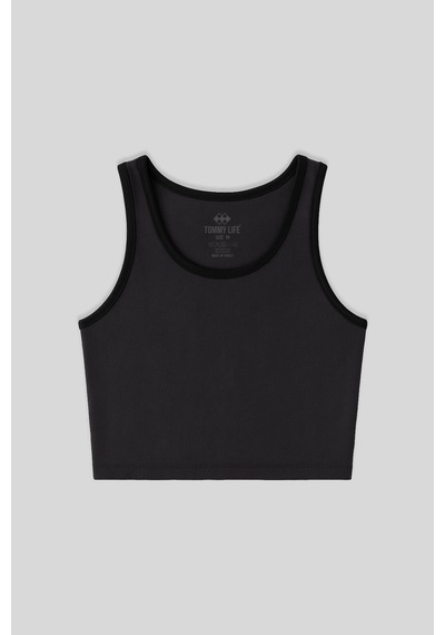 Tommy Life Antrasit Basic Sıfır Kol Dar Kalıp U Yaka Kadın Crop Top Atlet - 97162 Antrasit