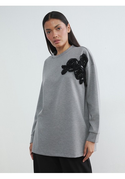 Lcwaıkıkı Classic Antrasit Çiçek Aplikeli Oversize Kadın Sweatshirt Tunik