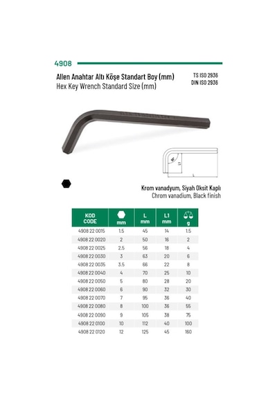 Allen Alyan Anahtar, Altı Köşe, 1.5 Mm X 45 Mm, Elta