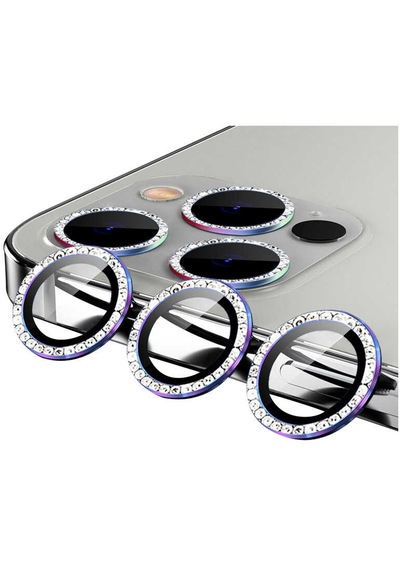 Nettech Apple Uyumlu iPhone 12 Pro Max Diamond Taşlı Model Kamera Cam Koruyucu - Gökkuşağı