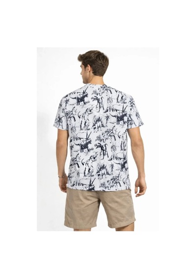 Yake Store Erkek Beyaz Dinozor Desenli Tişört Regular Fit, Bisiklet Yaka, Dijital Baskılı Pamuklu T-shirt - Beyaz - Beyaz