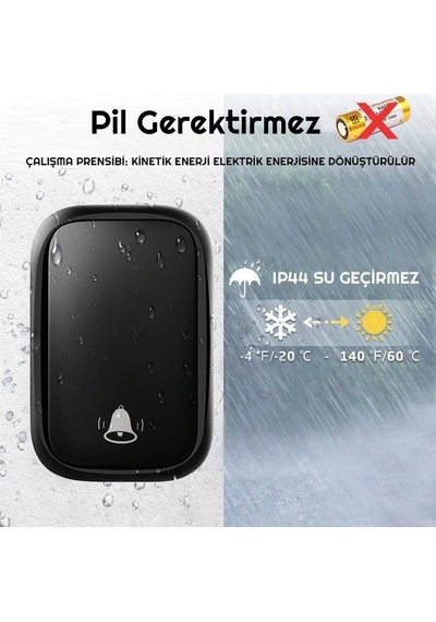 Plentiful Su Geçirmez Kablosuz Kapı Zili Pil Gerektirmez Siyah 150metre