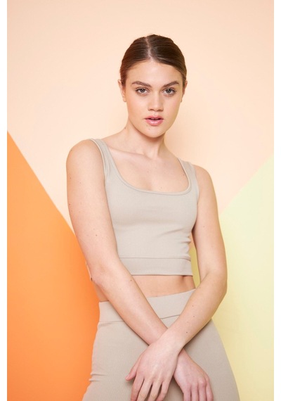 Thiff Gymwear Kahverengi Fitilli Kare Yaka Esnek Örme Crop Büstiyer Atlet Bej