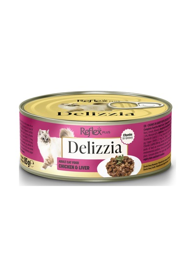 Reflex Plus Delizzia / Sos İçinde Parça Etli Tavuklu & Ciğerli Yetişkin Kedi Maması 85g X 12 Adet