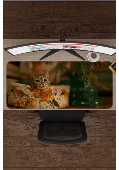 Yeni Yıl Kediler- Kedi- Yılbaşı V2 90x40 Xxl Gaming Kauçuk Kaymaz Taban Mouse Pad Fare Altlığı
