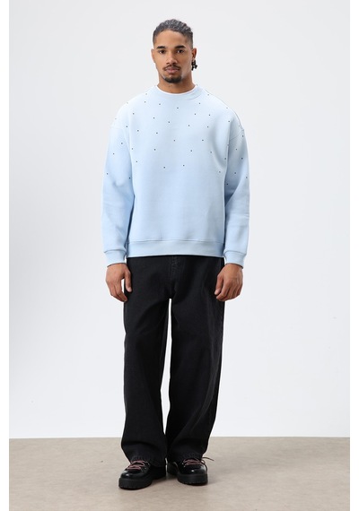 Vamos Yıkamalı Taş Detaylı Oversize Sweatshirt Bebek Mavisi
