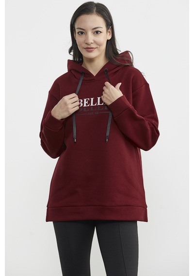 Kapüşonlu İçi Pamuklu Kalın Sweatshirt - Bordo Ekru