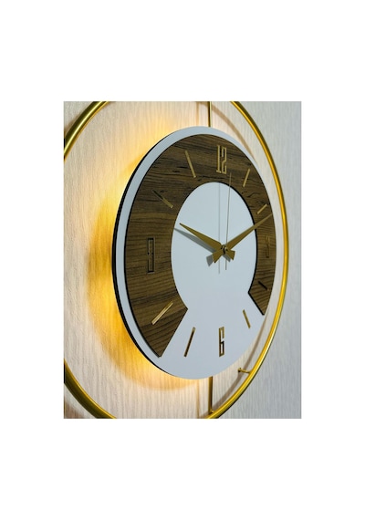 Pey Aksesuar 50x70 Cm Metal Ahşap Ve Işığın Muhteşem Uyumu Duvar Saati Dekoratif Ahşap-m54-gold-beyaz-keçe-gold