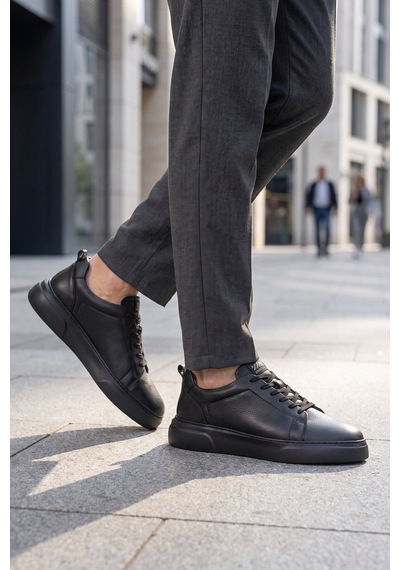 Ayakmod Siyah-siyah Hakiki Deri Bağcıklı Kalın Rahat Tabanlı Erkek Casual Ayakkabı Sneaker 272303