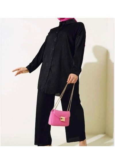 Lovie Moda Kadın Saten Görünümlü Fitilli İkili Takım Siyah