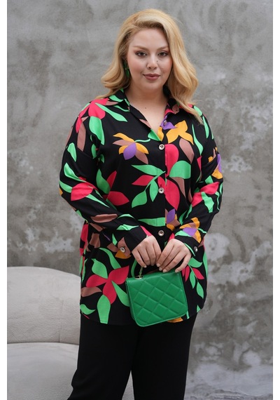 Polologin Butik Çiçek Yaprak Desenli Siyah Viskon Tunik Siyah
