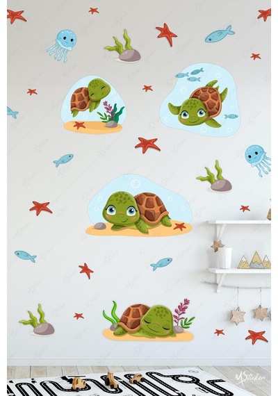 Sevimli Kaplumbağalar Ve Deniz Canlıları Çocuk Bebek Odası Duvar Cam Dolap Sticker Seti