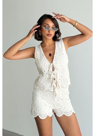 Verymoda Dantel Bohem Bej Şort Yazlık Ham