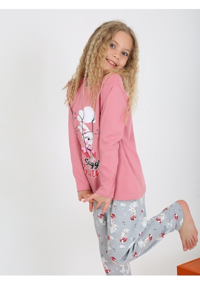 Kız Çocuk Uzun Kollu %100 Pamuklu Pijama Takımı Snuggle Bunny Gül