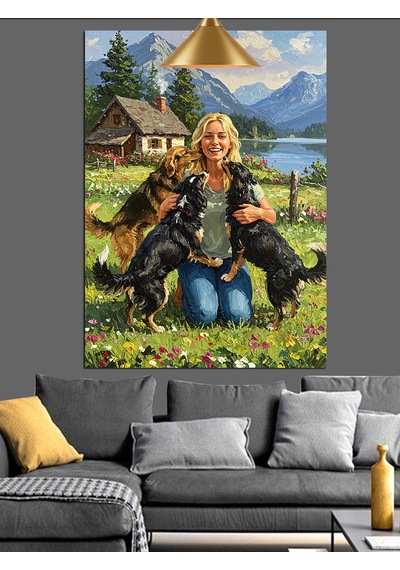 Doğada Kadın Ve Köpeklerin Sevgisi Dekoratif Kanvas - Mdf Ahşap Tablo